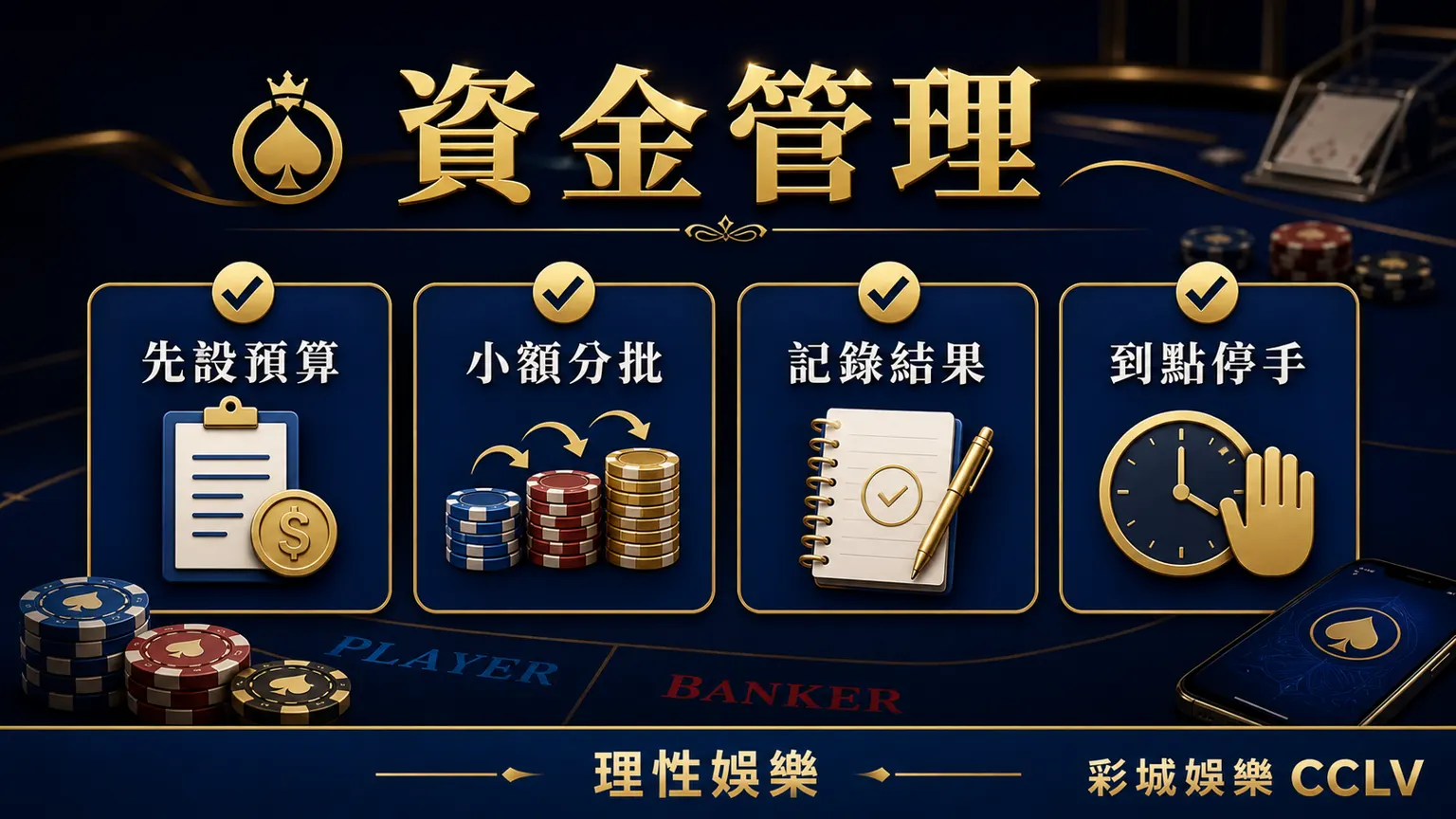 百家樂資金管理檢查表,包含先設預算、小額分批、記錄結果與到點停手
