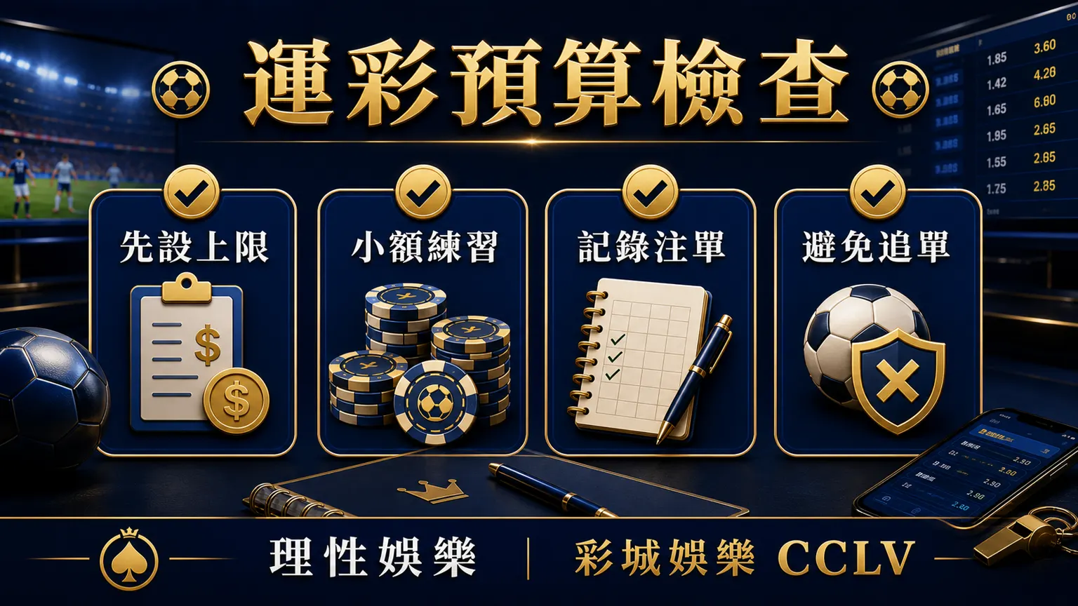 運彩預算檢查圖,包含先設上限、小額練習、記錄注單與避免追單
