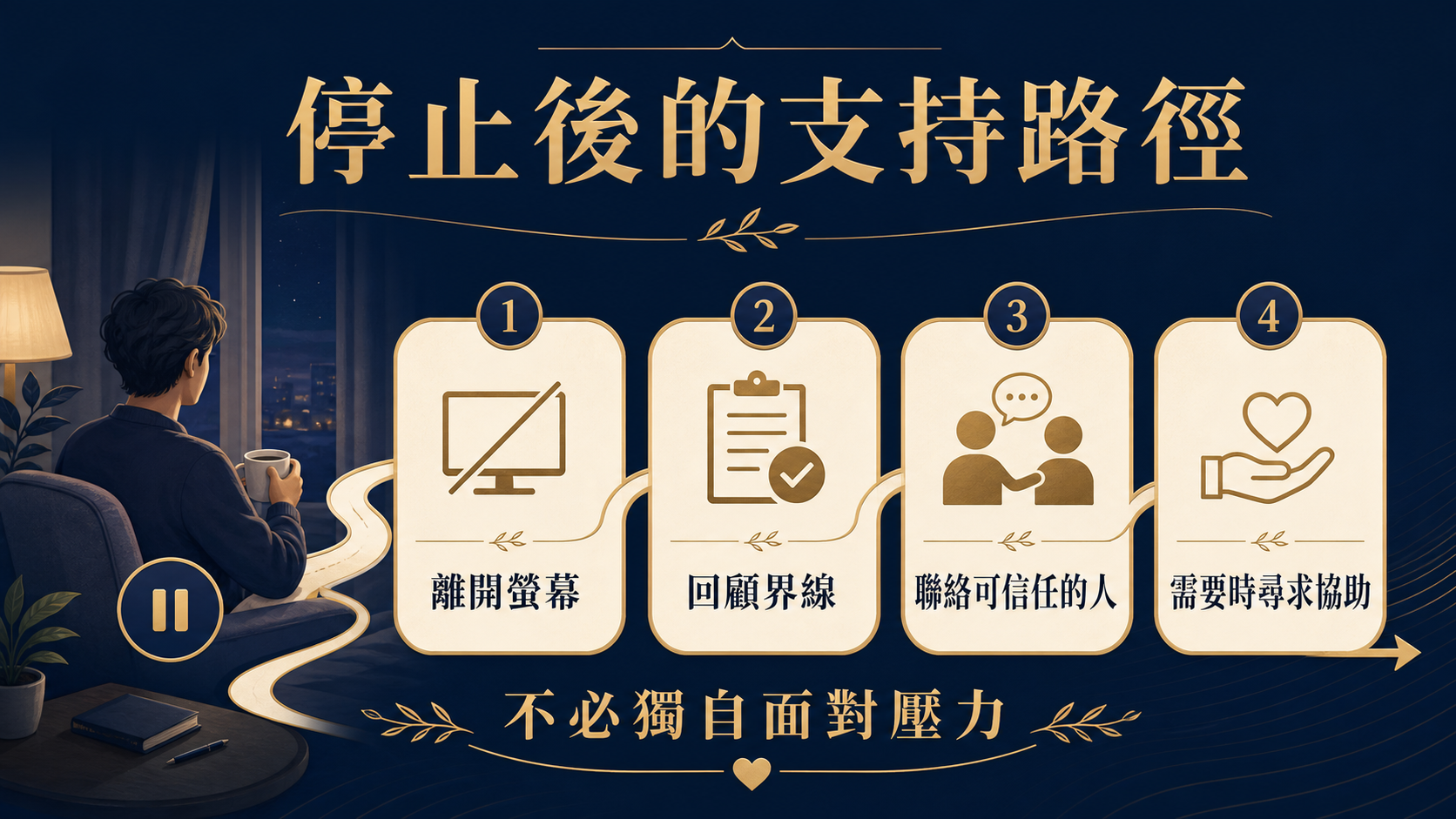 停止後的支持路徑：離開螢幕、回顧界線、聯絡可信任的人與需要時尋求專業協助