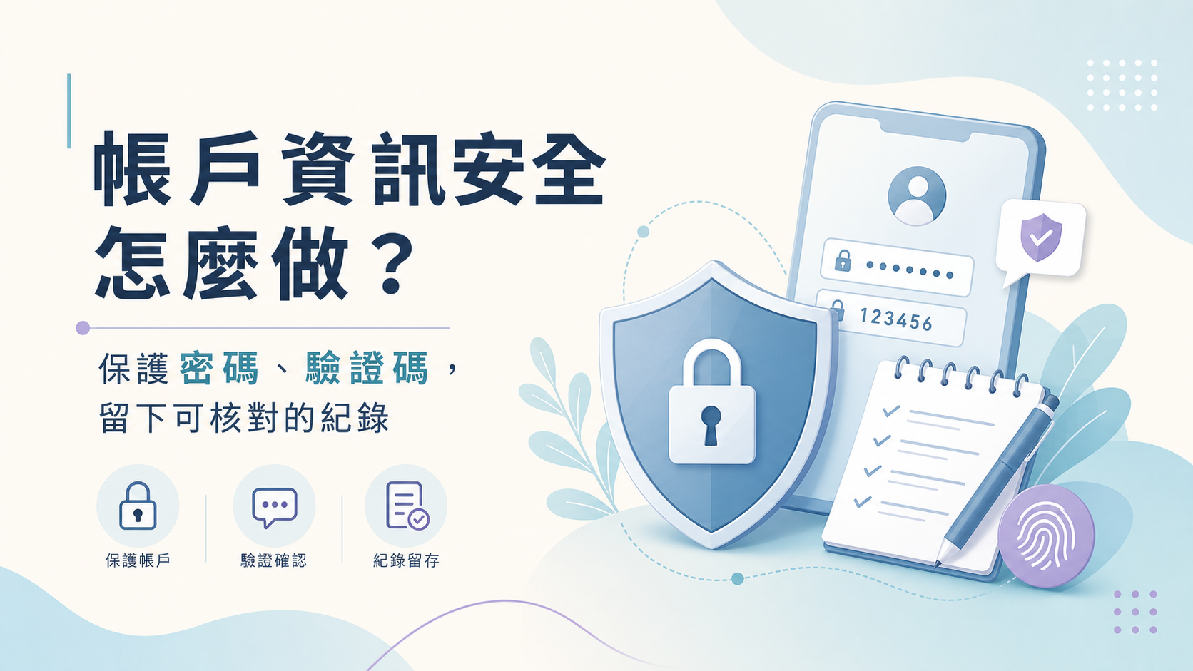帳戶資訊安全教育首圖，呈現密碼、驗證碼與紀錄保存三個閱讀重點