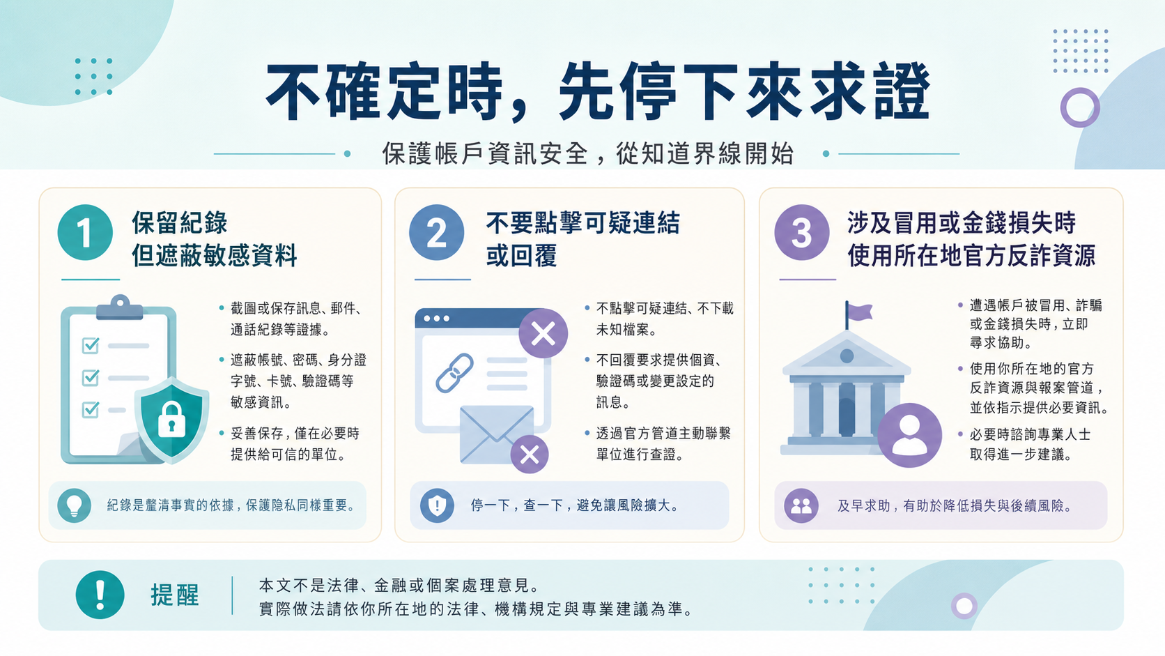帳戶資訊安全限制與求助界線資訊圖表：保留紀錄、避免可疑連結、使用所在地官方反詐資源