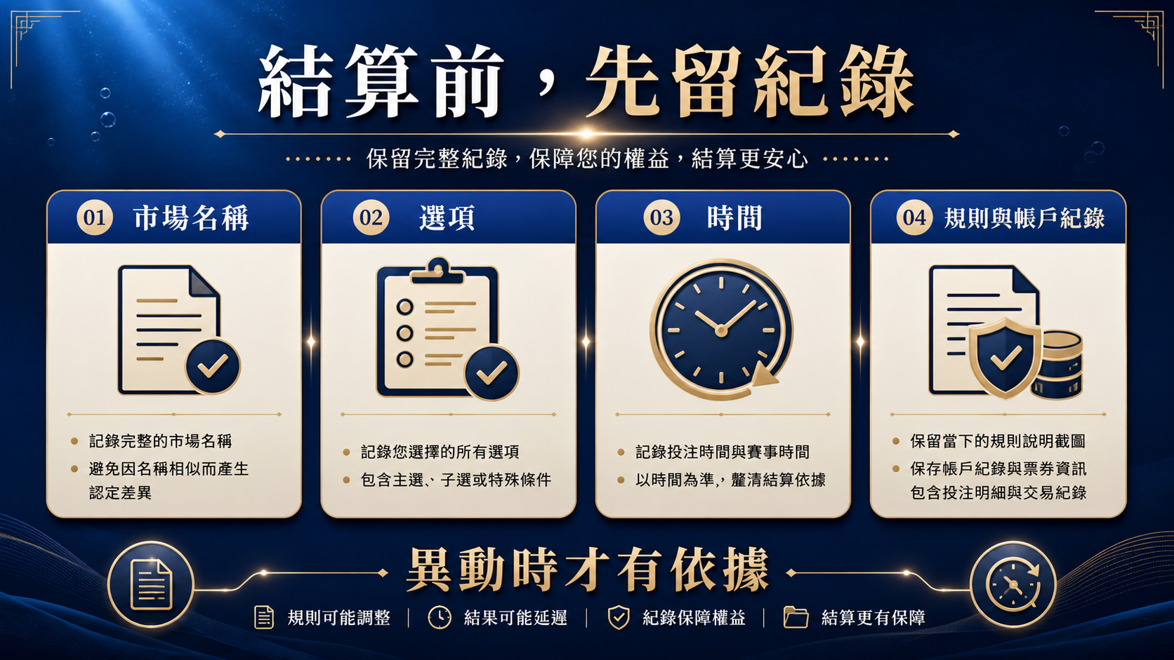 結算前保留的四項票券資料：市場名稱、選項、時間、規則與帳戶紀錄