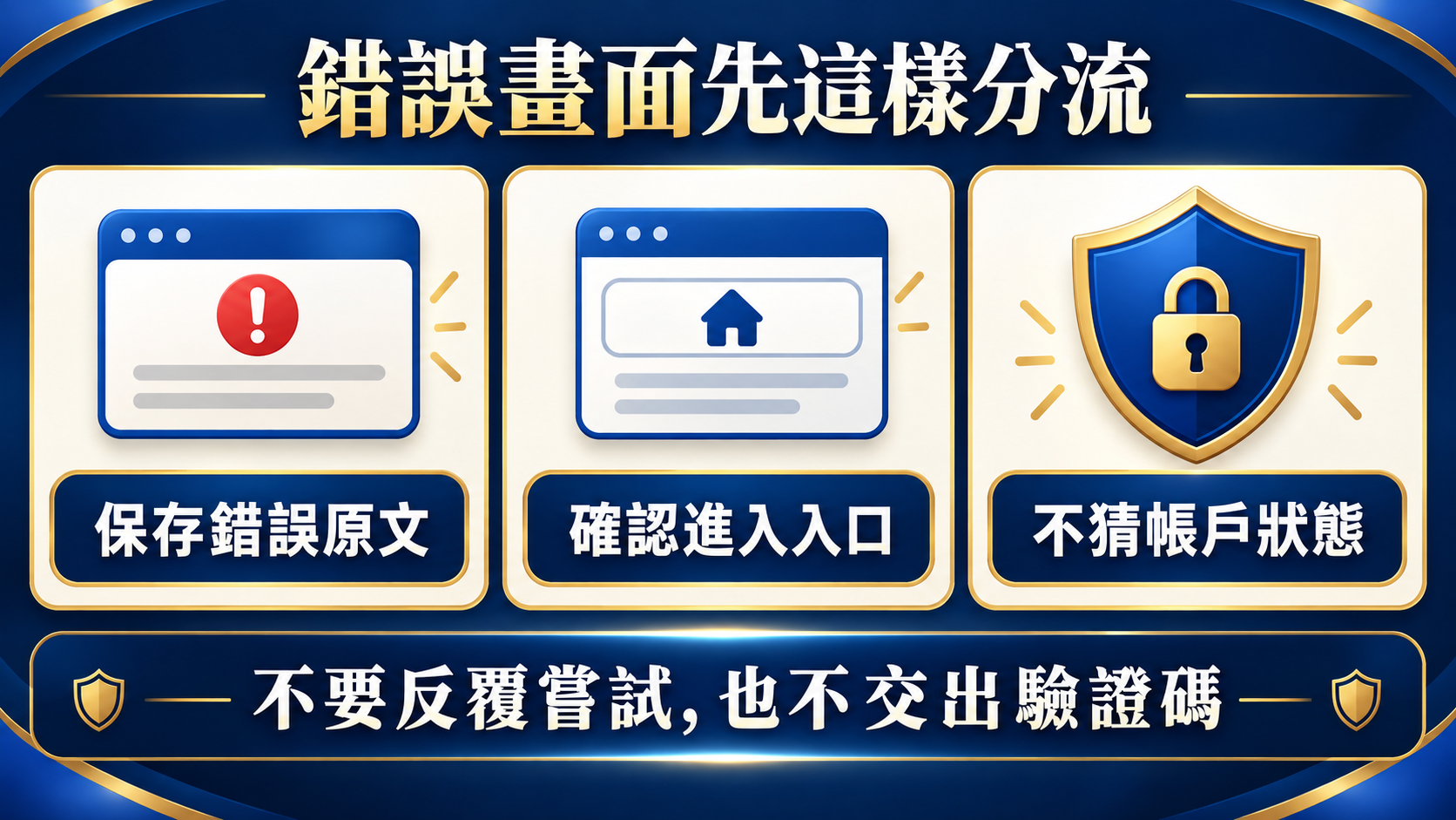 登入錯誤安全分流資訊圖，說明保存錯誤原文、確認進入入口、不要猜帳戶狀態。