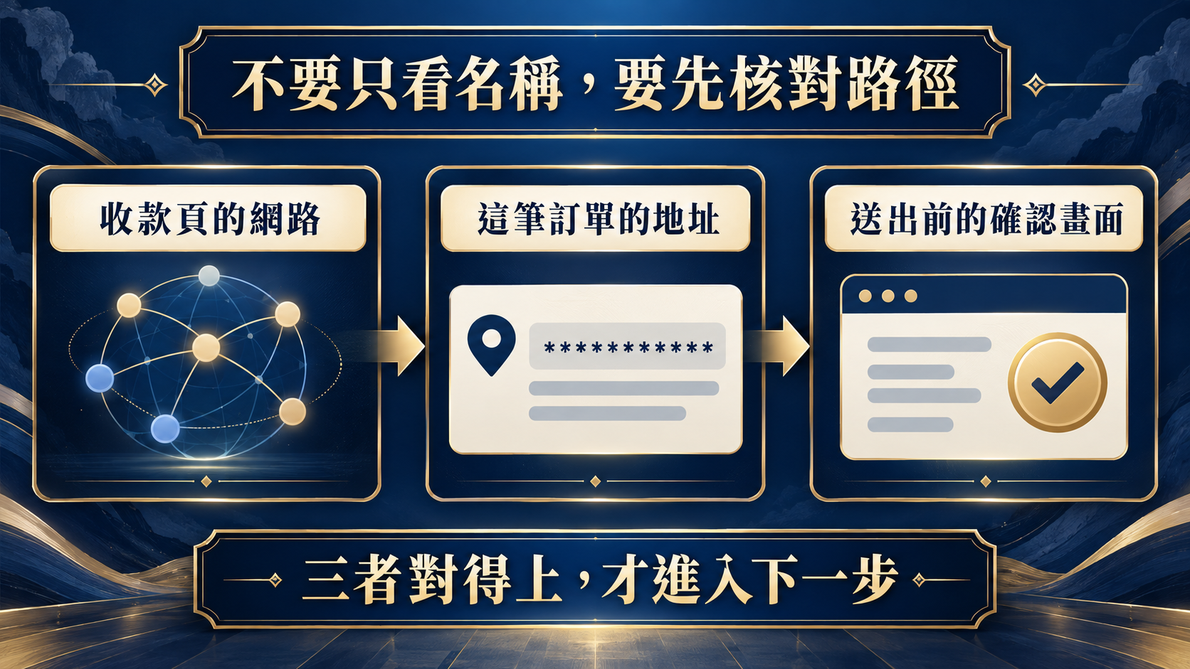 Match the receiving-page network, order address, and confirmation screen.